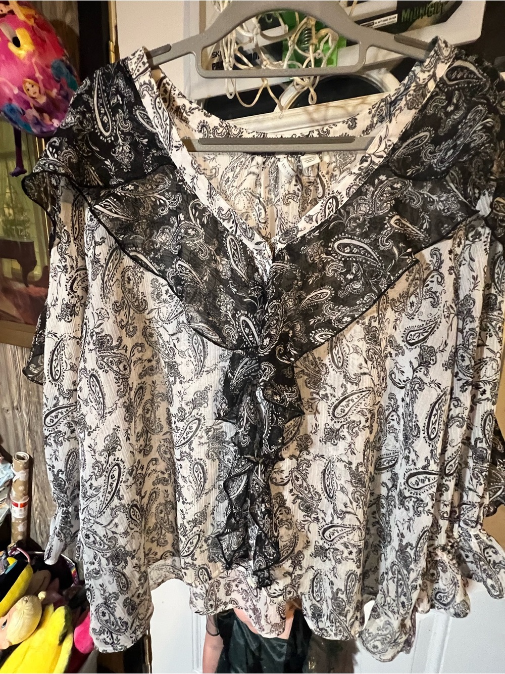 Cato Black & White Paisley Ruffle Tie-Front Top